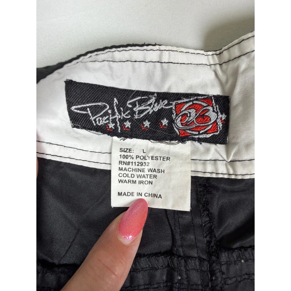 Pacific Blue Mens Black Graphic Board Shorts Cargo Pocket Swim Trunks Size L